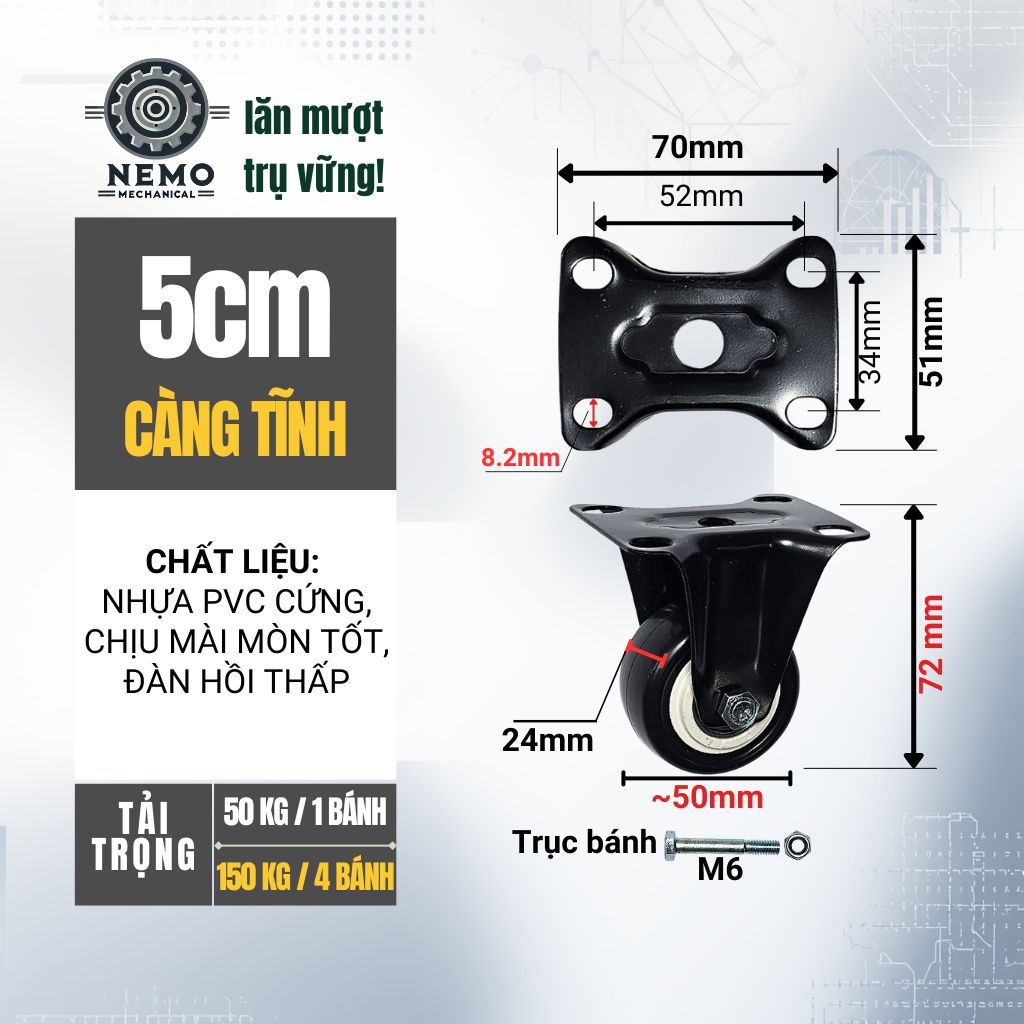 Bánh Xe Đẩy Hàng Đen Trắng – Chịu Tải Tốt, Khung Thép Sơn Tĩnh Điện